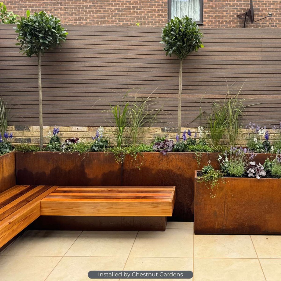 Corten planters with bench and flowering border