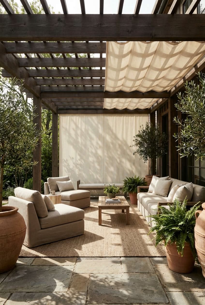 Lounge seating under a pergola with a canvas shade