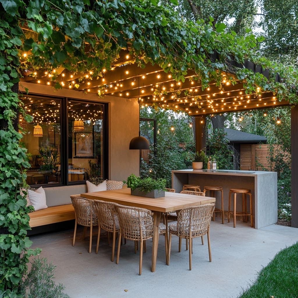 Pergola dining area with string lights