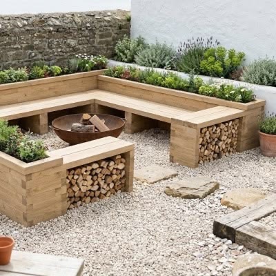 Built-in timber seating around a fire bowl