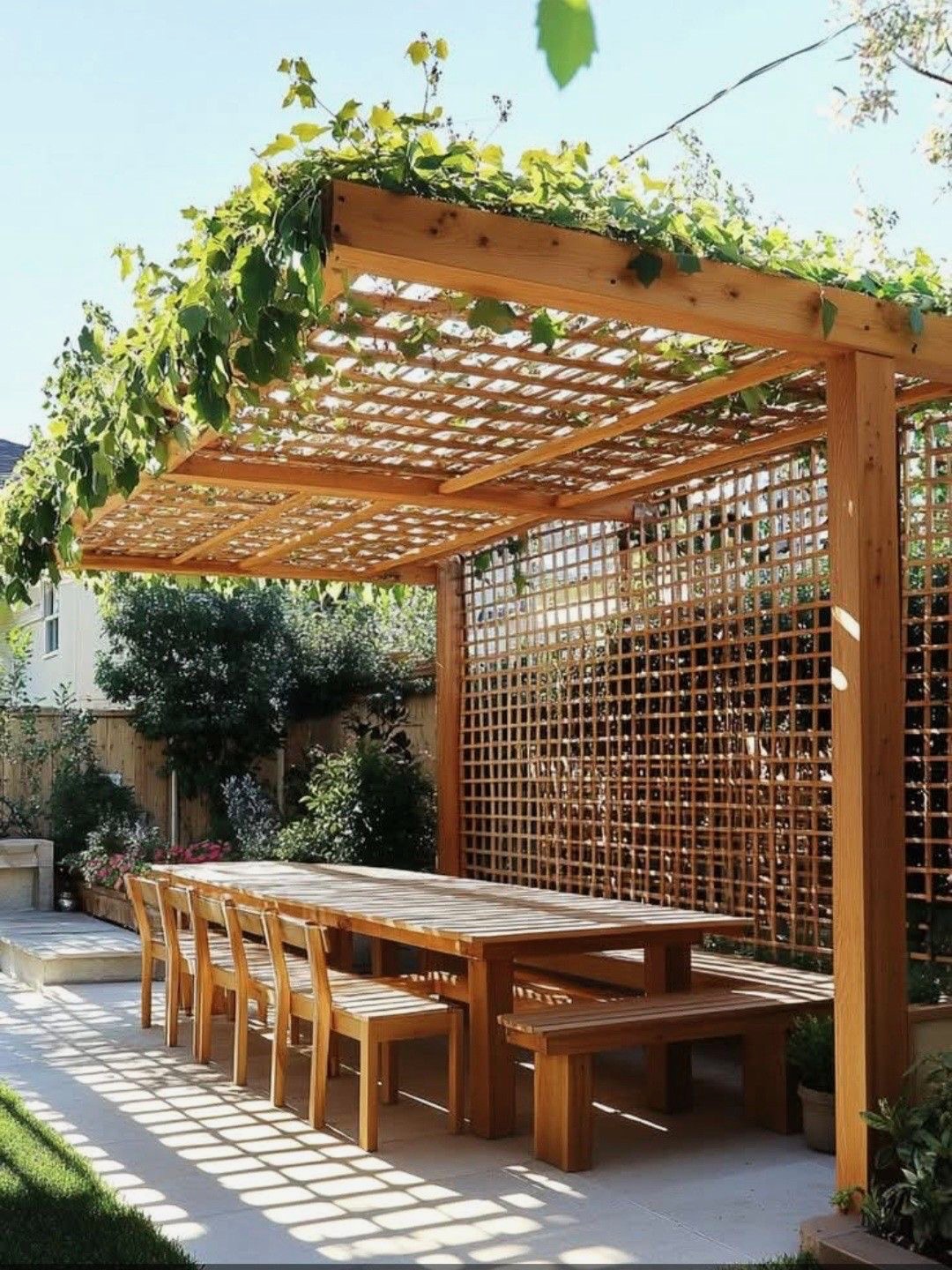 Timber bench, planters and perforated metal stools
