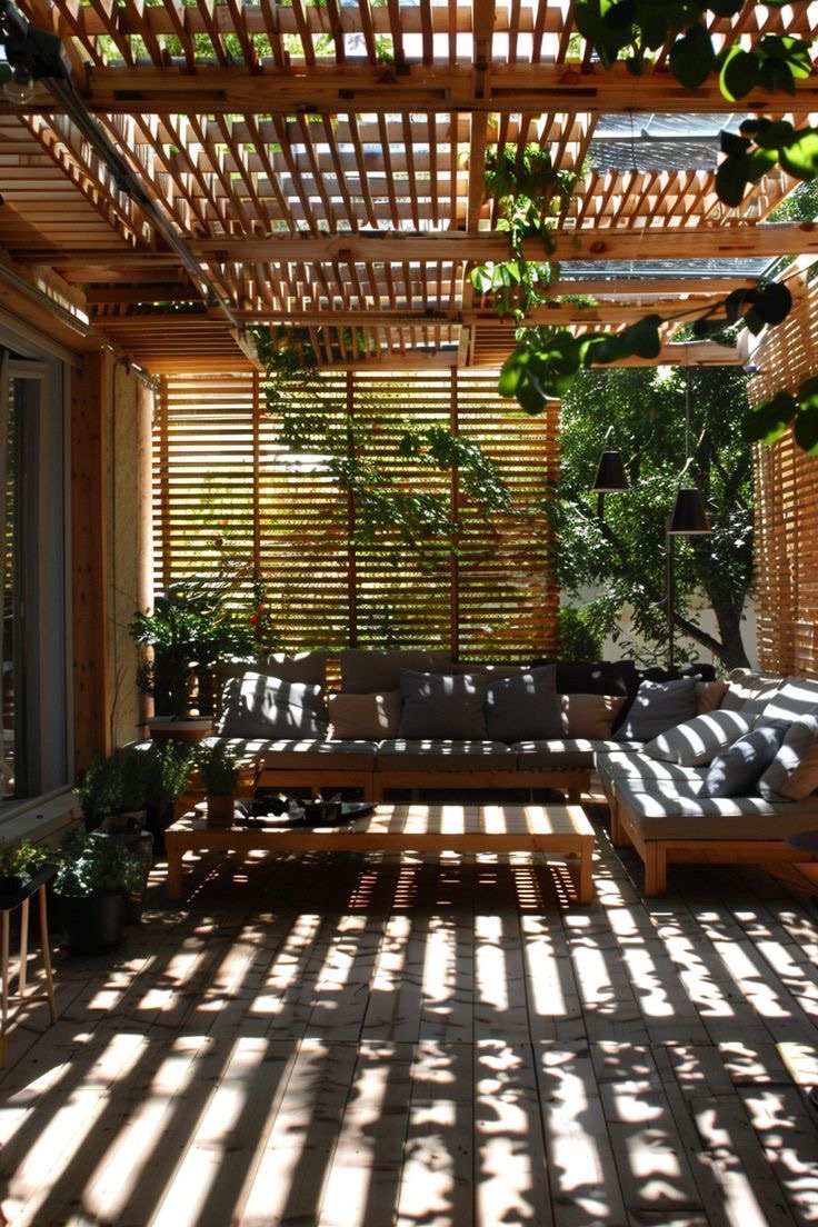 Timber slat pergola with climbing vines and bench