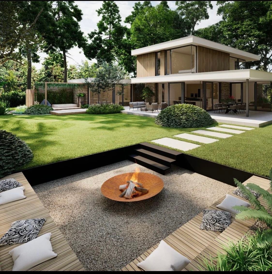 Slatted pergola over built-in sofa seating