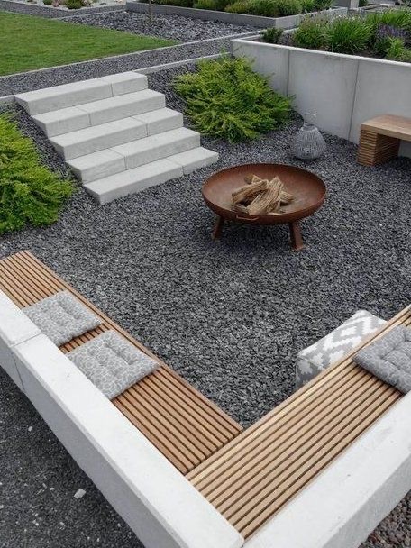 Concrete steps, fire bowl and gravel