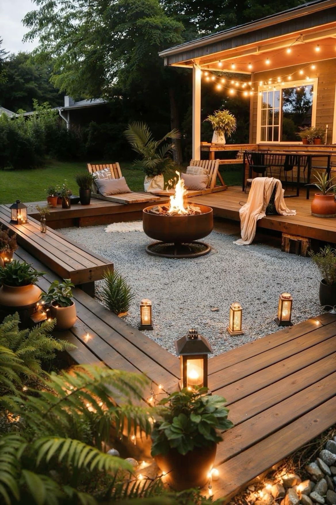 Sunken gravel lounge with fire bowl at dusk