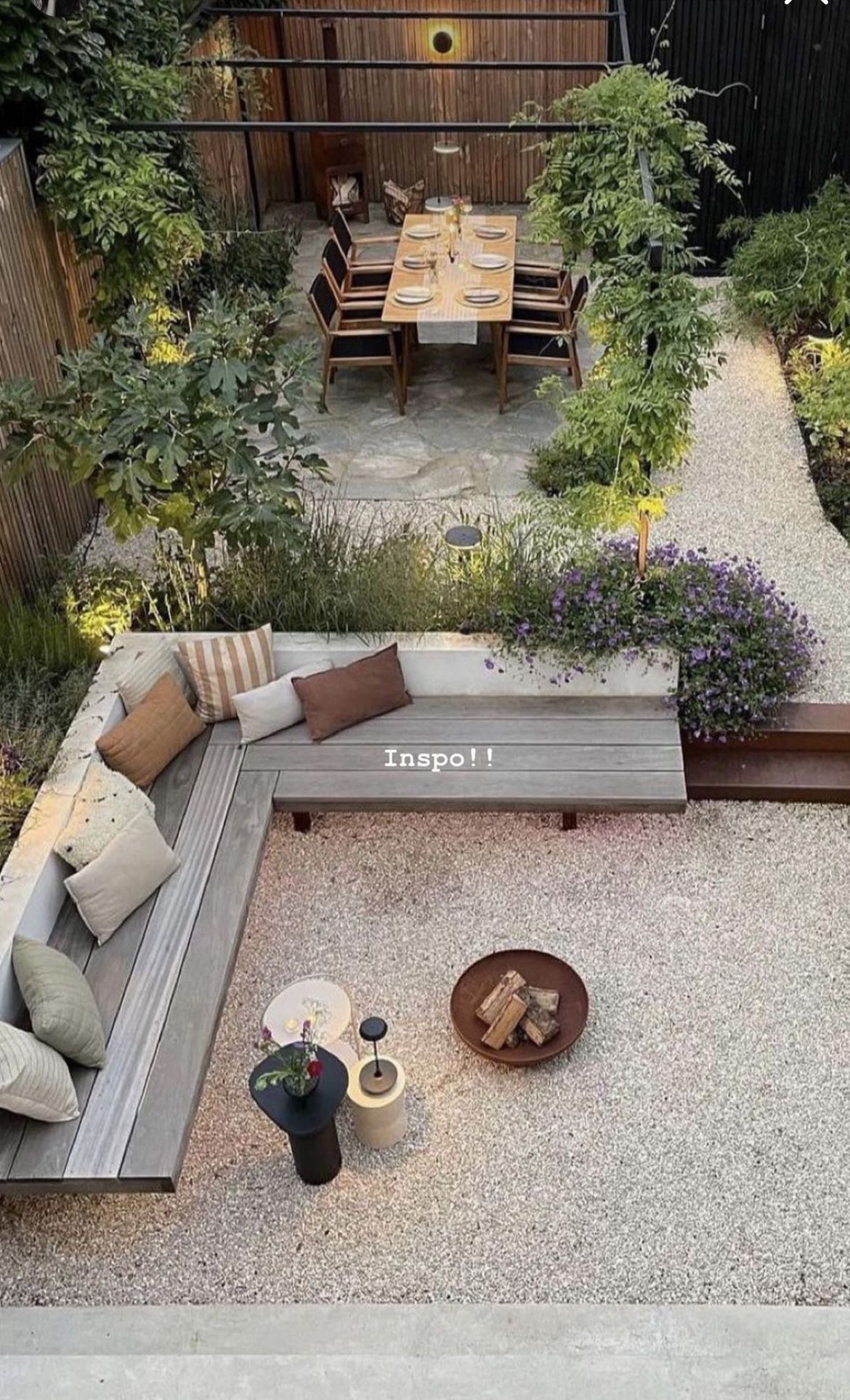 Built-in bench, dining table and fire bowl, overhead view