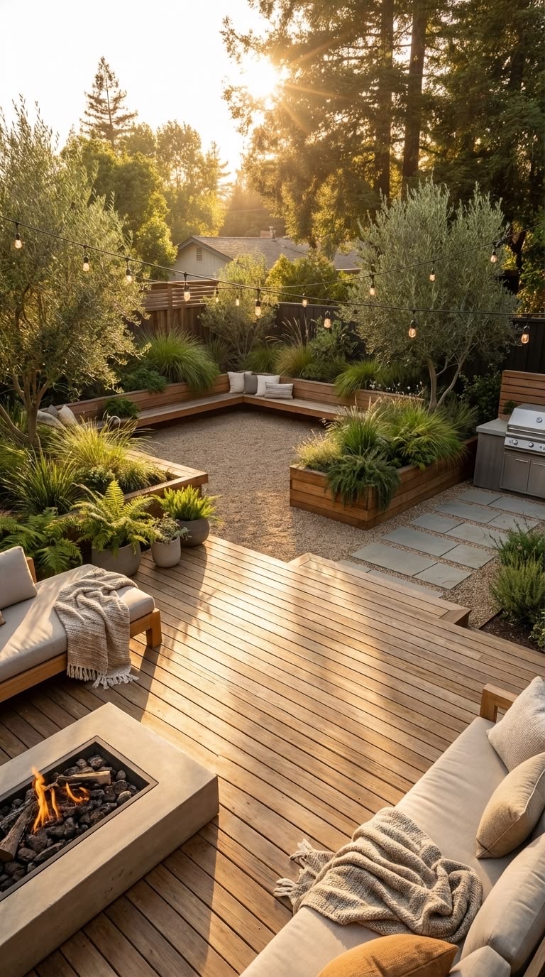 Garden room with fireplace behind a sunken fire pit