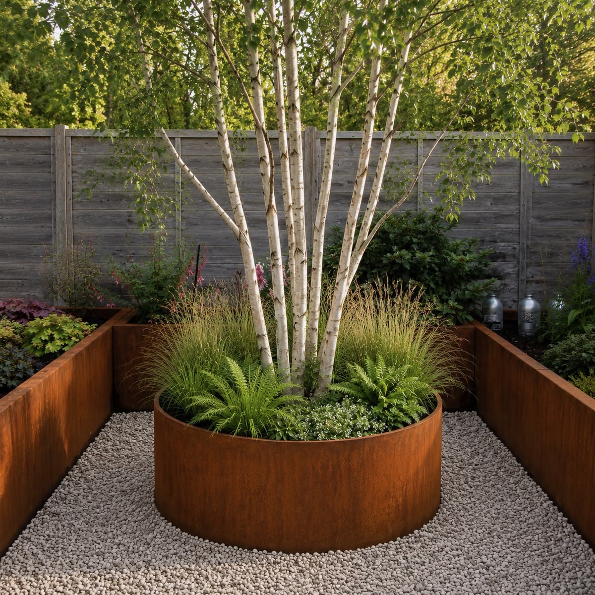 Circular corten planter with birch trees