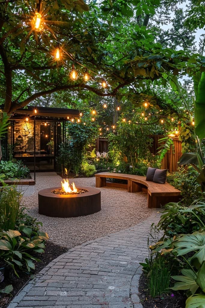 Fire bowl and curved bench under string lights