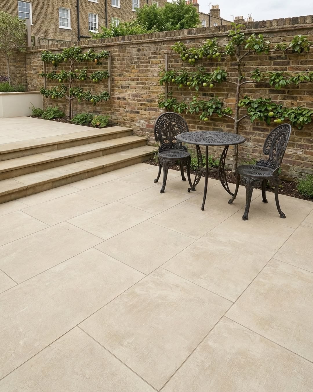 Bistro table and chairs on a paved patio by a brick wall