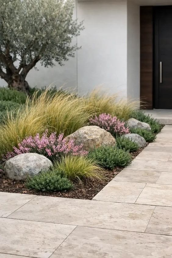 Boulder and ornamental grasses beside a stone path