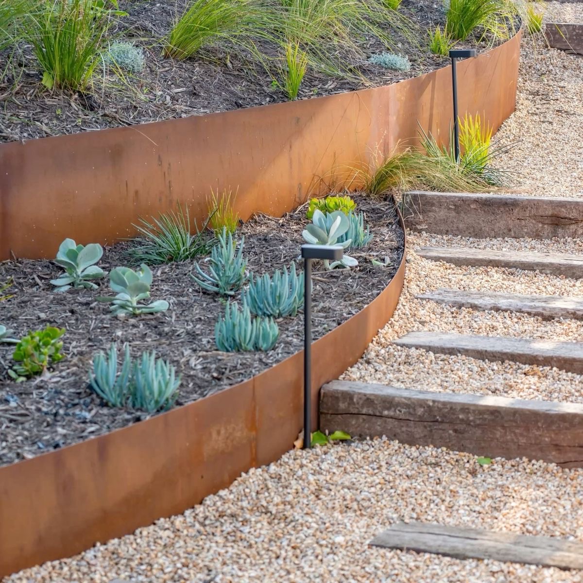 Curved corten steps and planter