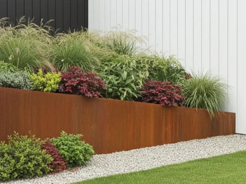 Corten planter wall against a white slatted facade