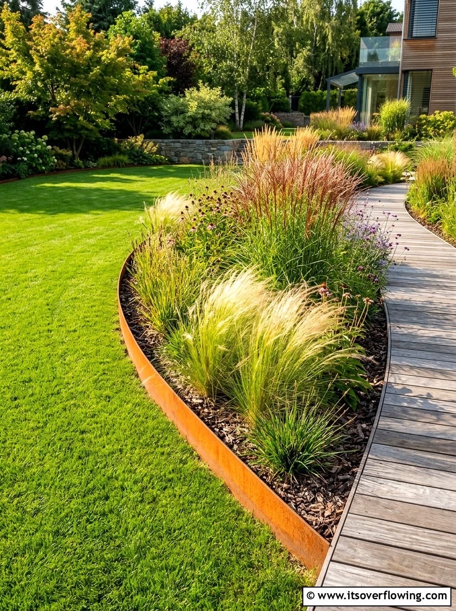 Corten edging along lavender and grasses bed