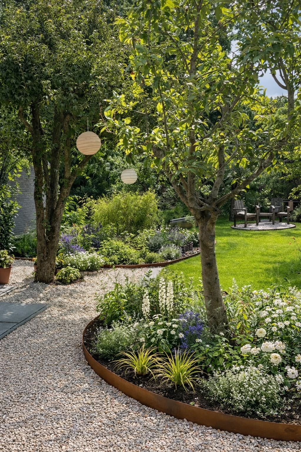 Corten-edged bed along a gravel path with lanterns